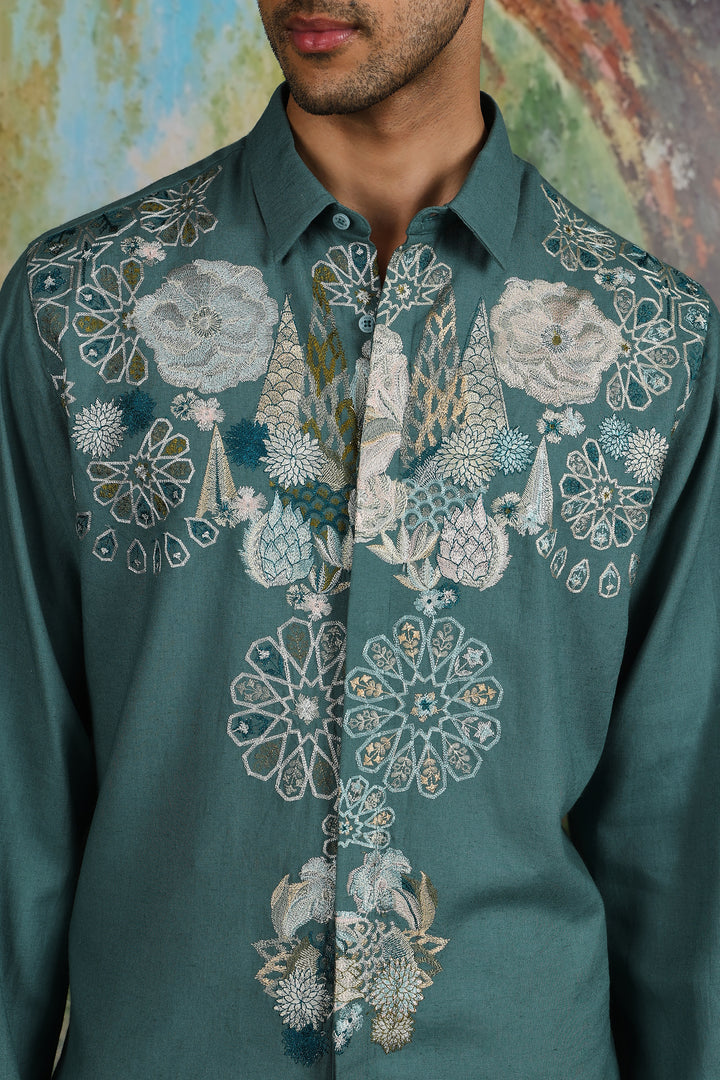 Teal Linen Geometric Floral Embroidered Shirt