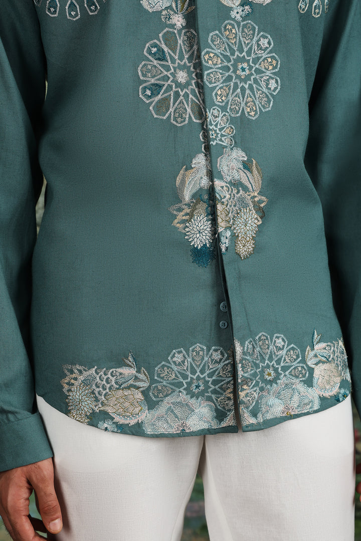 Teal Linen Geometric Floral Embroidered Shirt