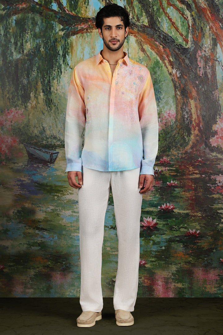 Pastel Ombre Linen Firework Embroidered Shirt