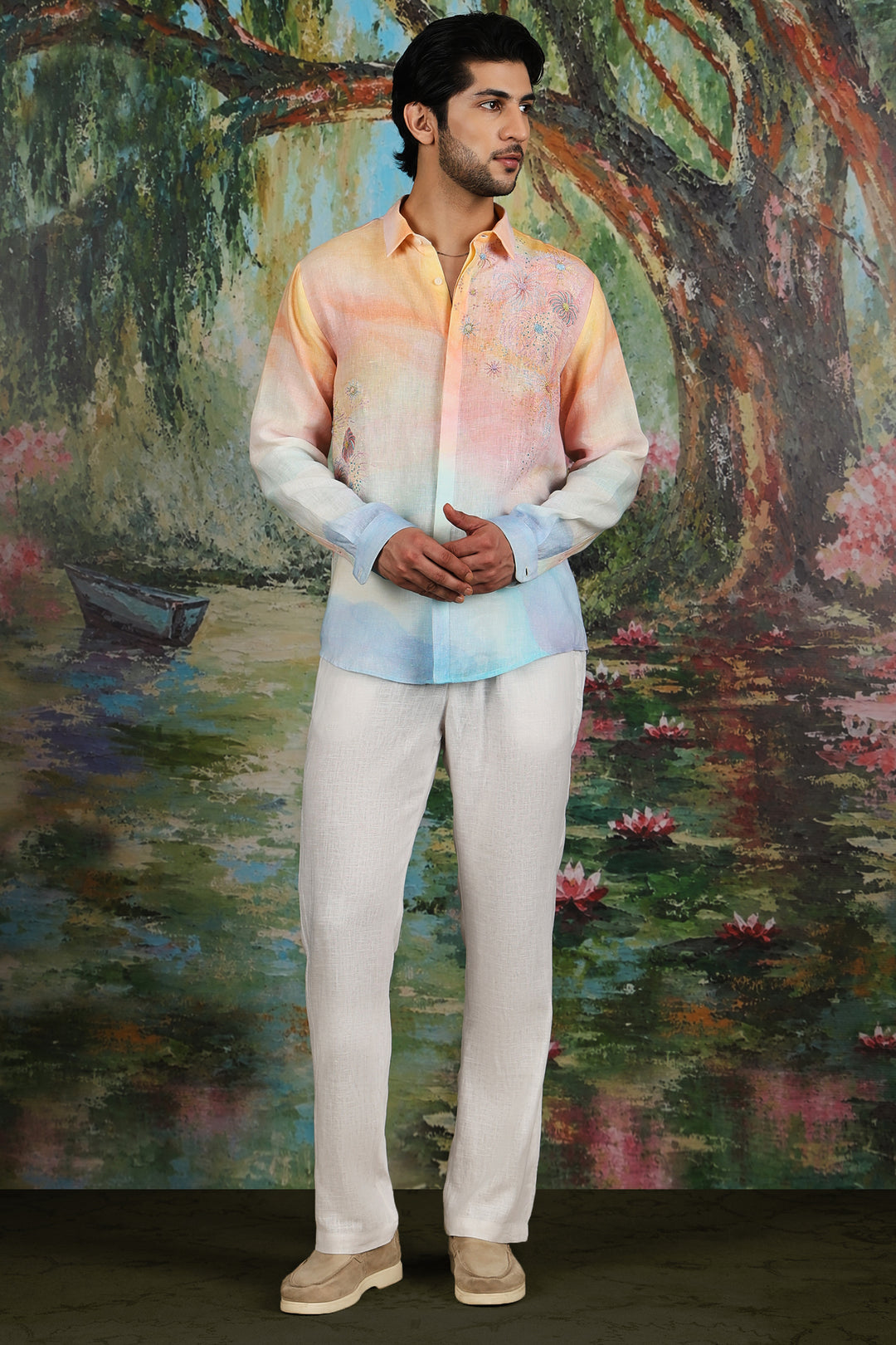 Pastel Ombre Linen Firework Embroidered Shirt