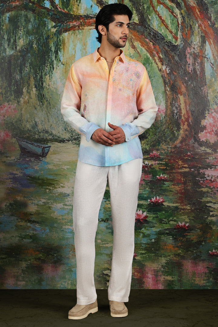Pastel Ombre Linen Firework Embroidered Shirt