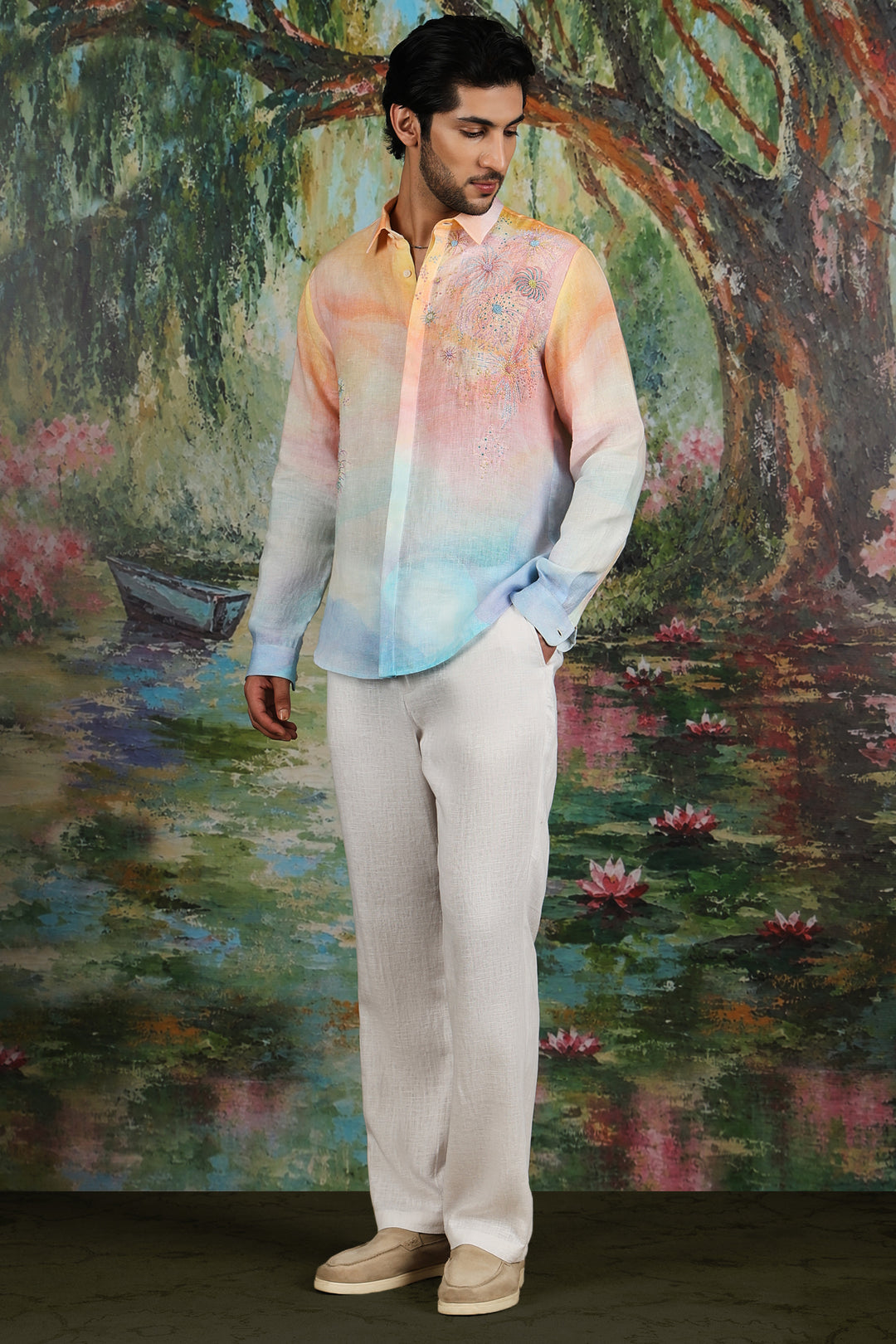 Pastel Ombre Linen Firework Embroidered Shirt