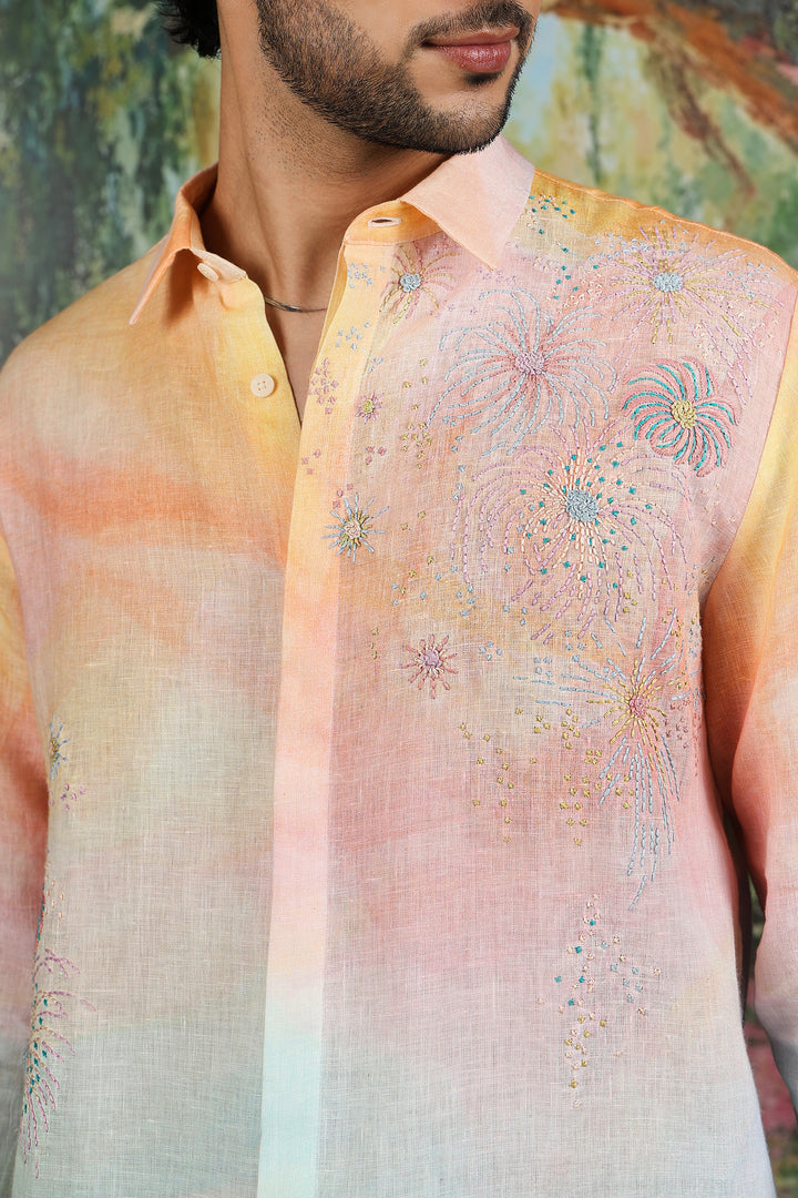 Pastel Ombre Linen Firework Embroidered Shirt