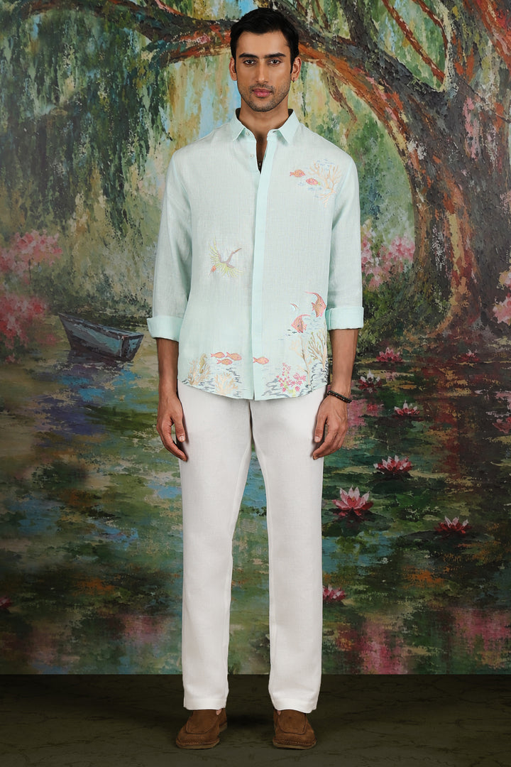 Mint Linen Coral Reef Embroidered Shirt