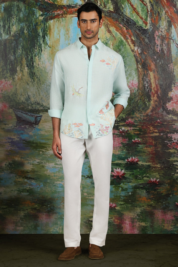 Mint Linen Coral Reef Embroidered Shirt
