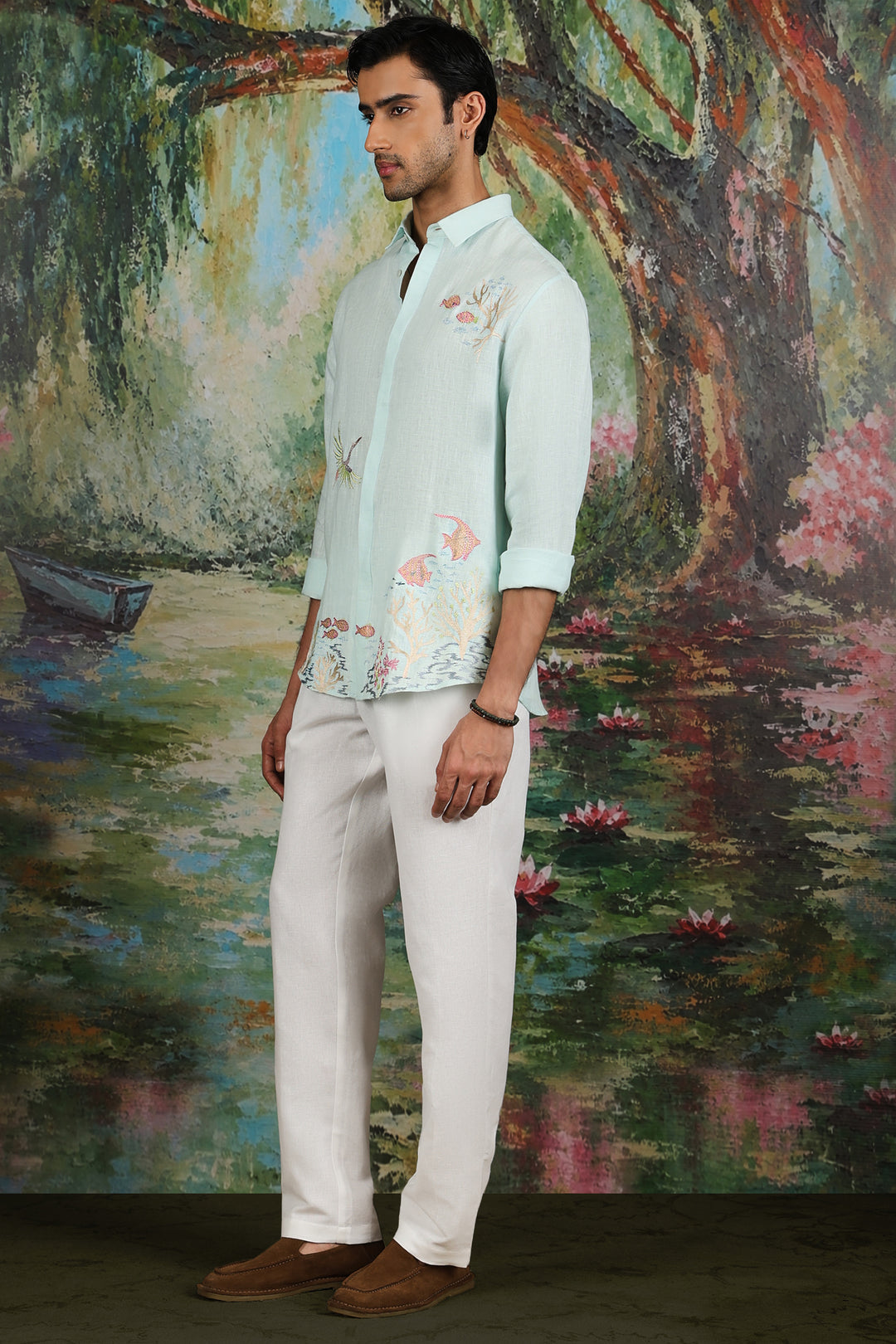 Mint Linen Coral Reef Embroidered Shirt