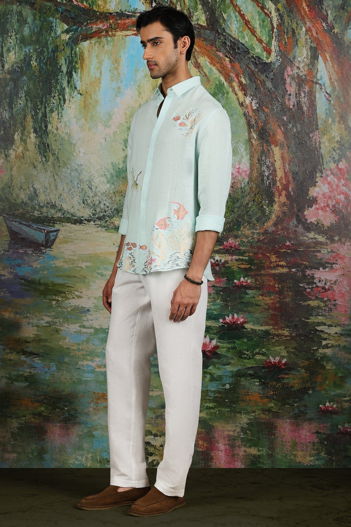 Mint Linen Coral Reef Embroidered Shirt