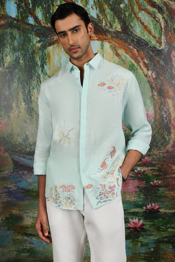 Mint Linen Coral Reef Embroidered Shirt