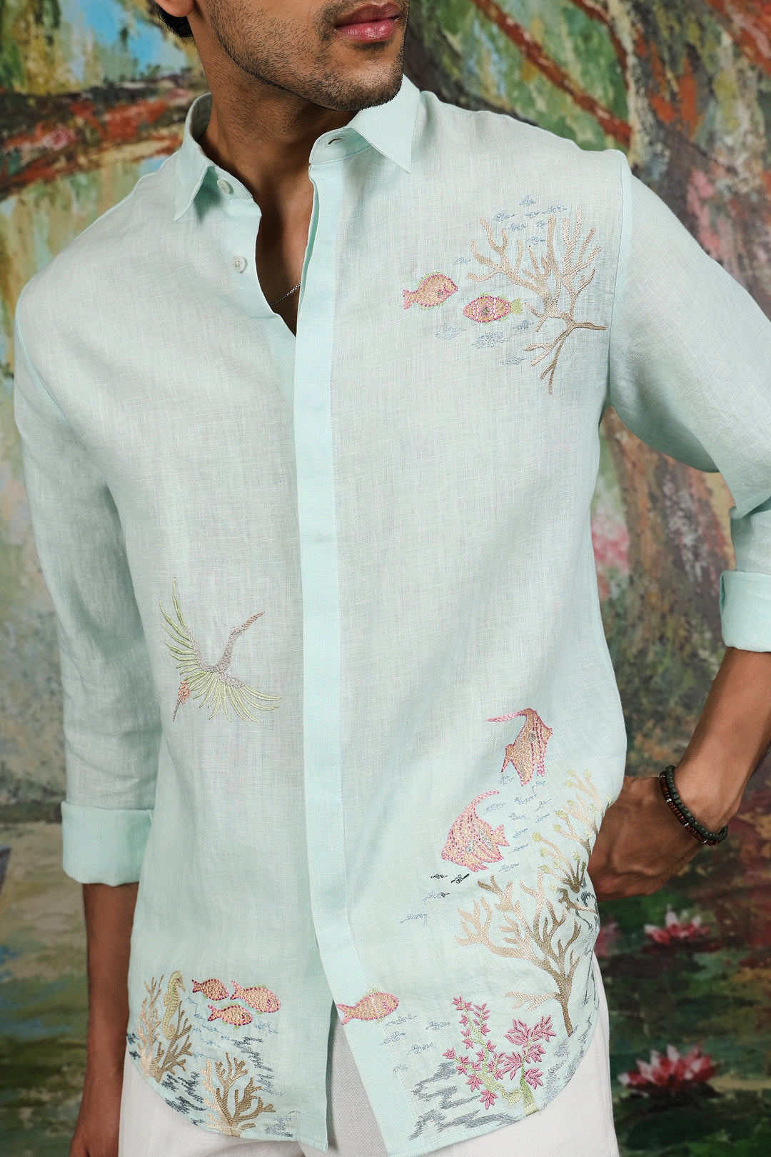 Mint Linen Coral Reef Embroidered Shirt