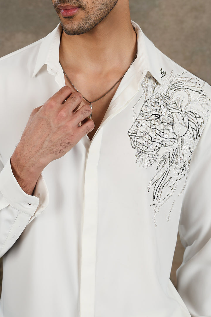 White Lion Head Embroidered Shirt