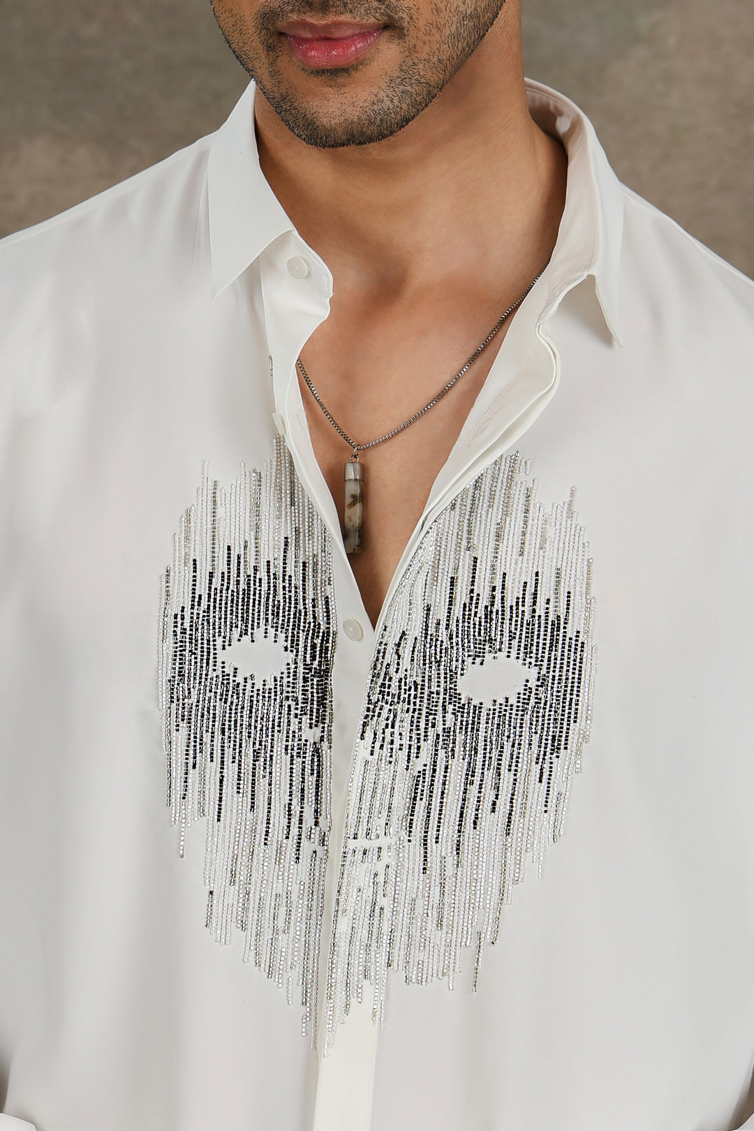White Abstract Mask Beaded Shirt
