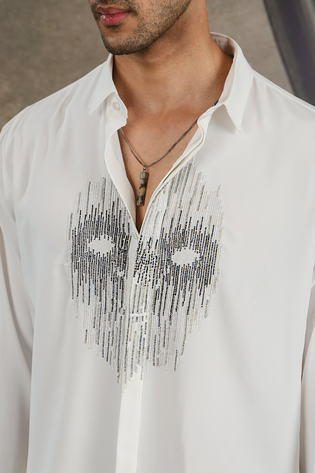 White Abstract Mask Beaded Shirt