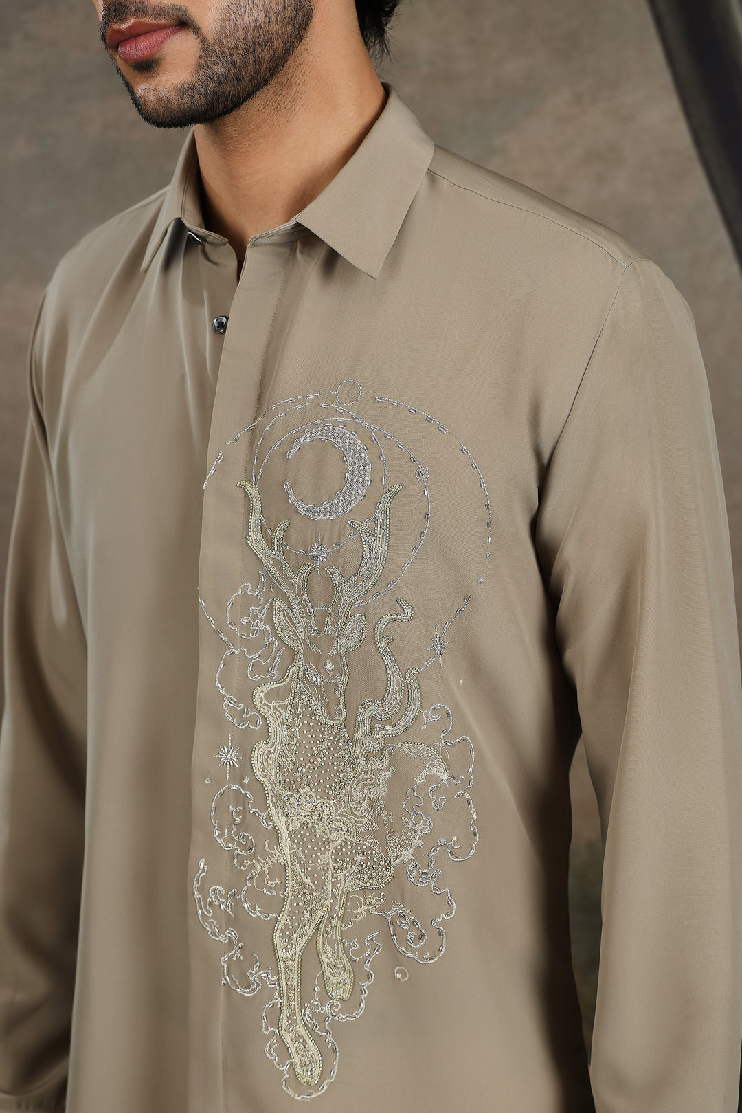 Beige Celestial Stag Embroidered Shirt