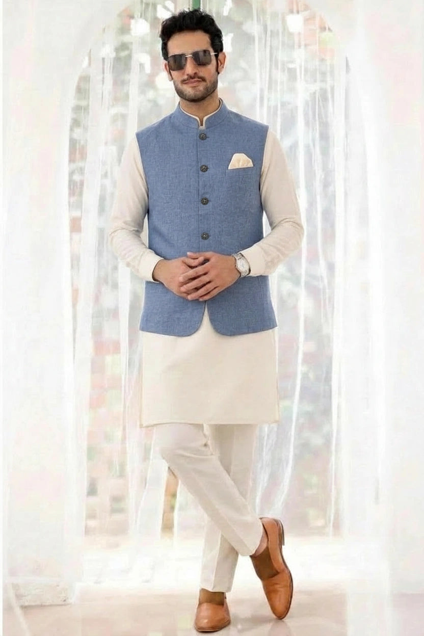 Slate Blue Textured Kurta Bundi Set