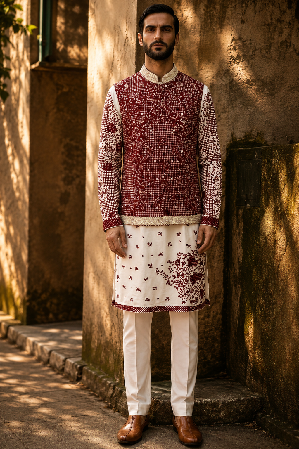 Maroon Embroidered Kurta Bundi Set