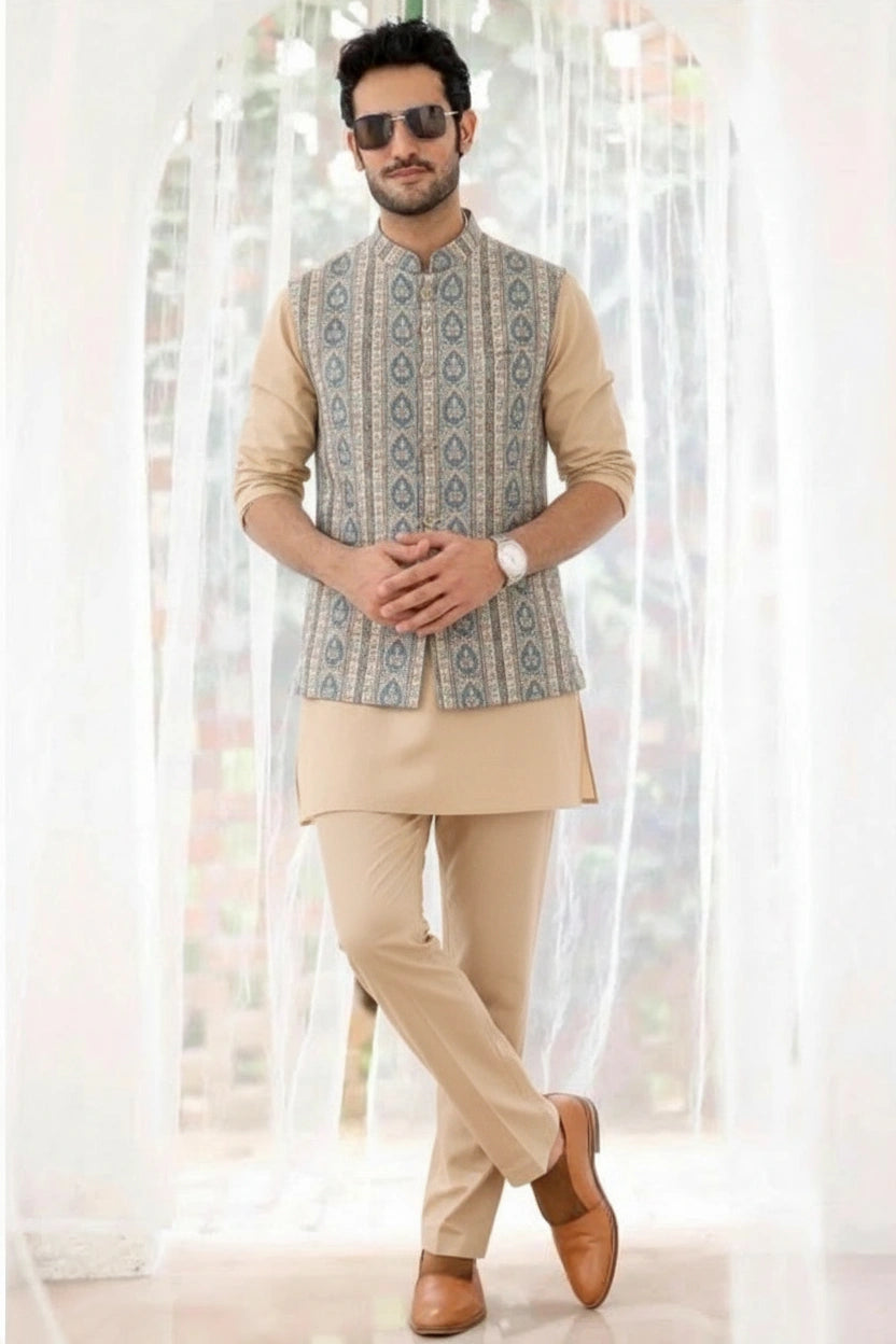 Teal & Rust Woven Stripe Kurta Bundi Set