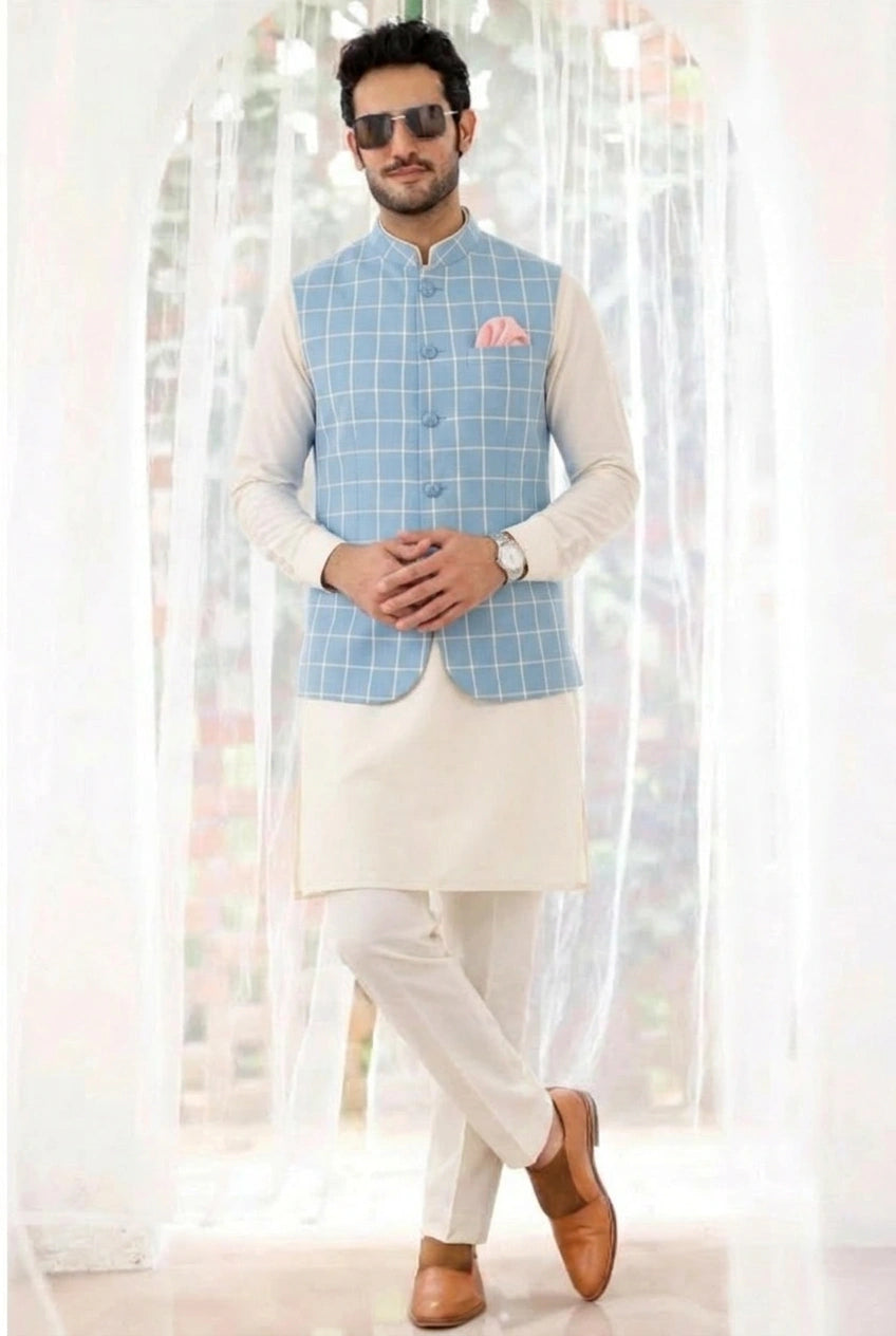 Sky Blue Windowpane Check Kurta Bundi Set