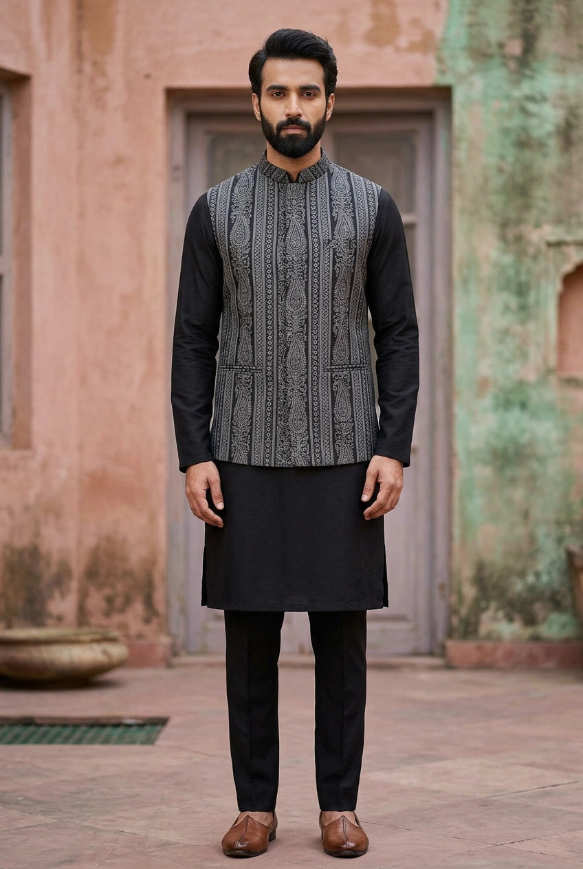 Black Woven-Texture Kurta Bundi Set