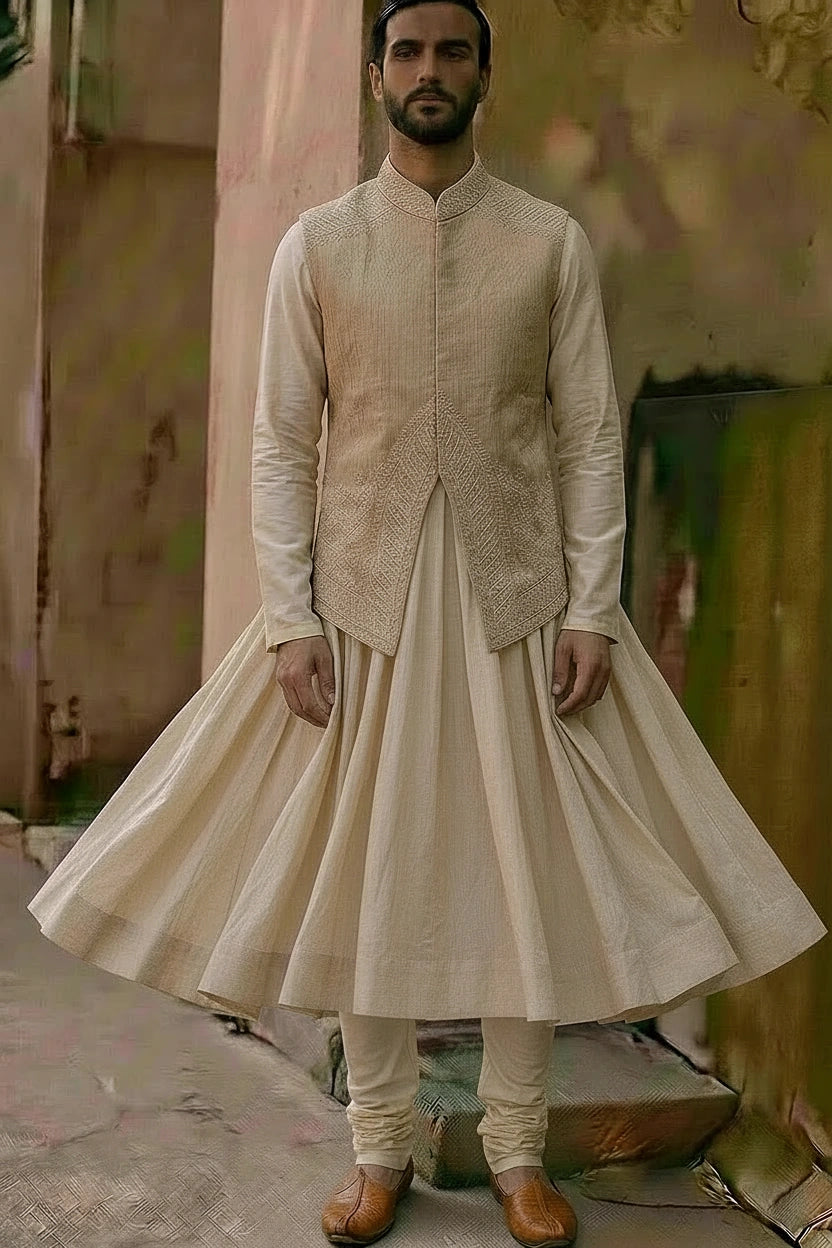 Beige Embroidered Kurta Bundi Set