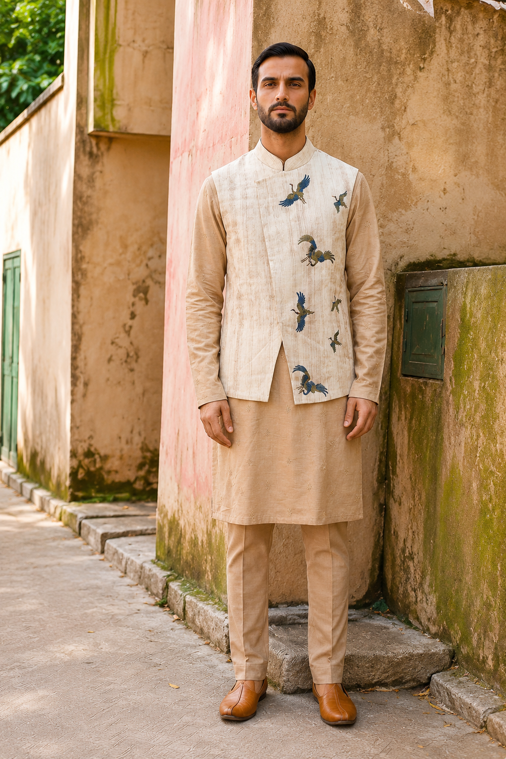 Beige Bird-Embroidered Kurta Bundi Set