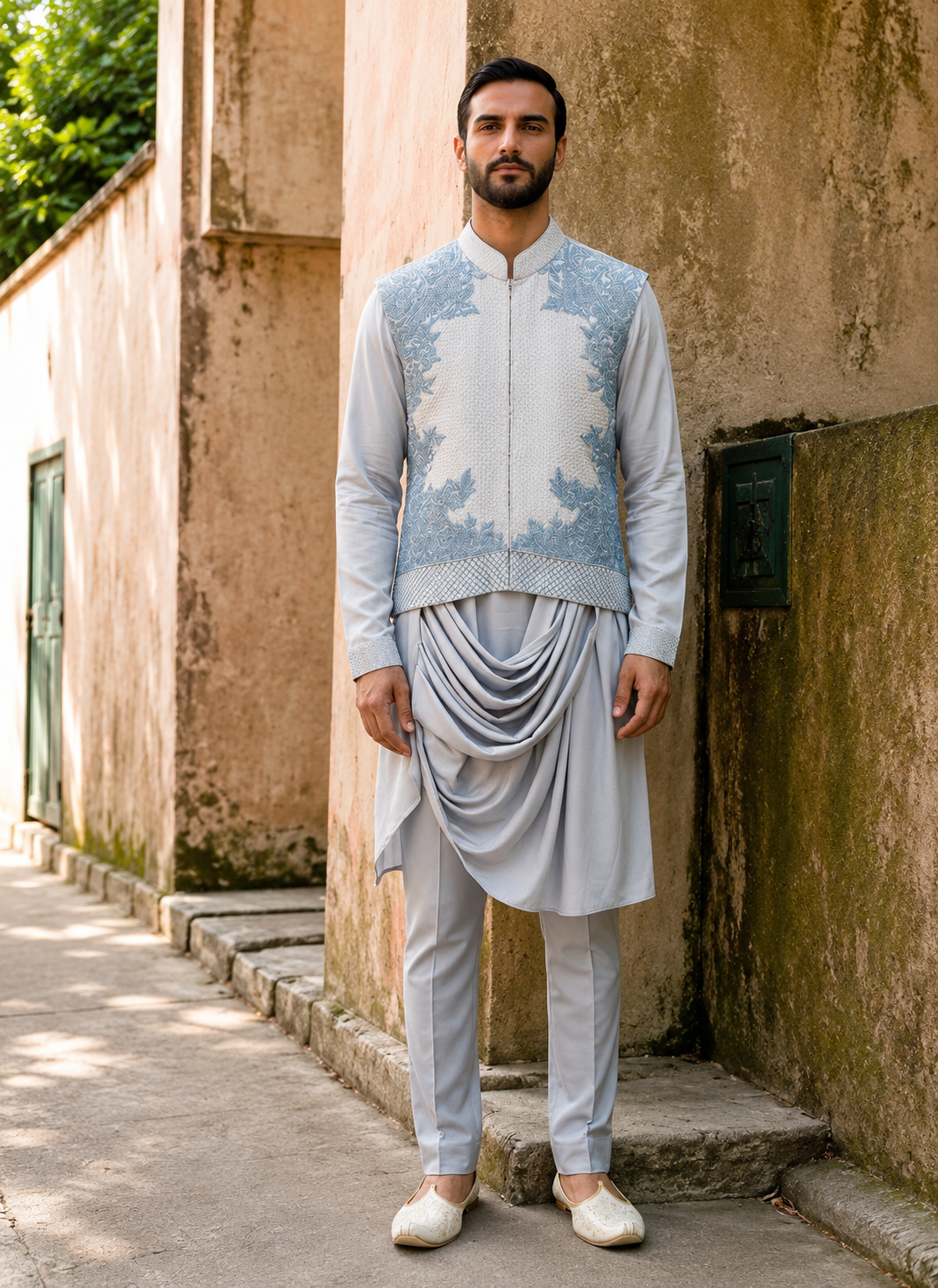 Powder Blue Embroidered Kurta Bundi Set