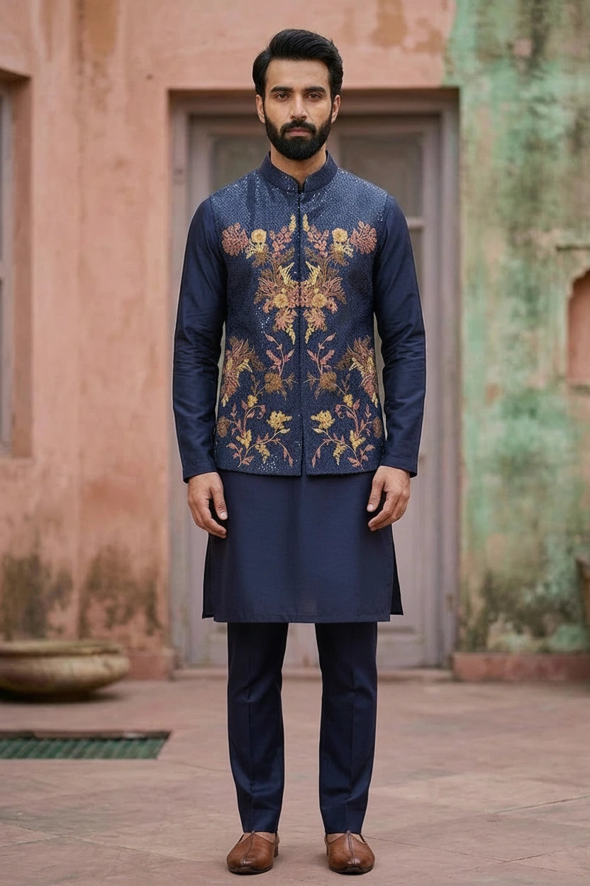 Navy Blue Floral Embroidered Kurta Bundi Set