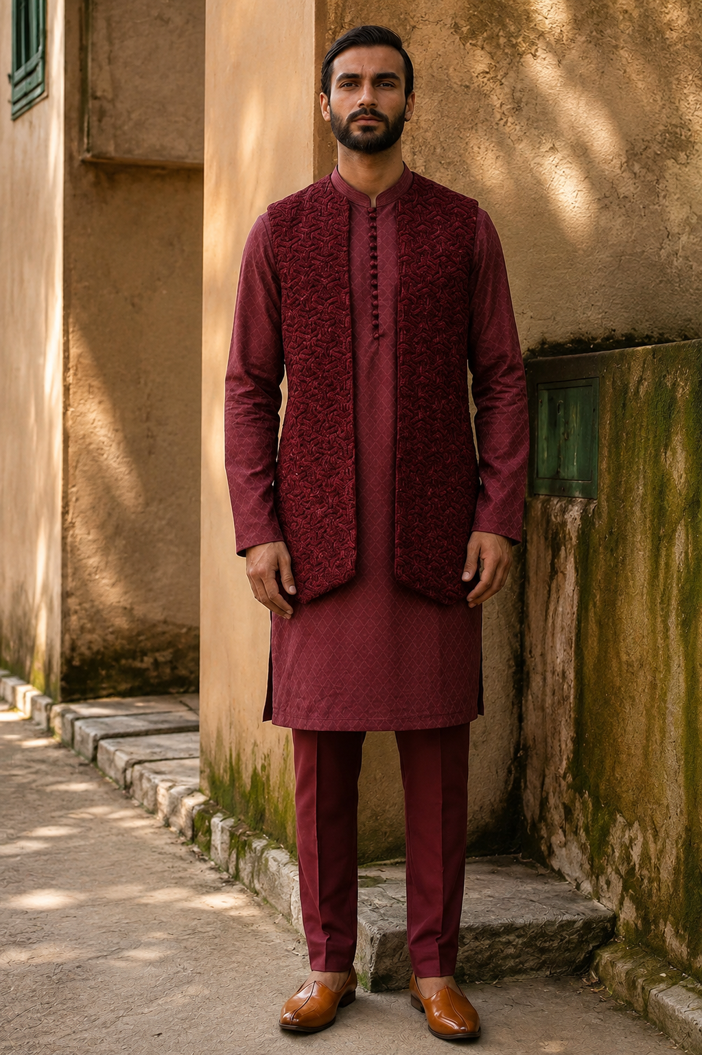 Maroon Elegance Embroidered Kurta Bundi Set