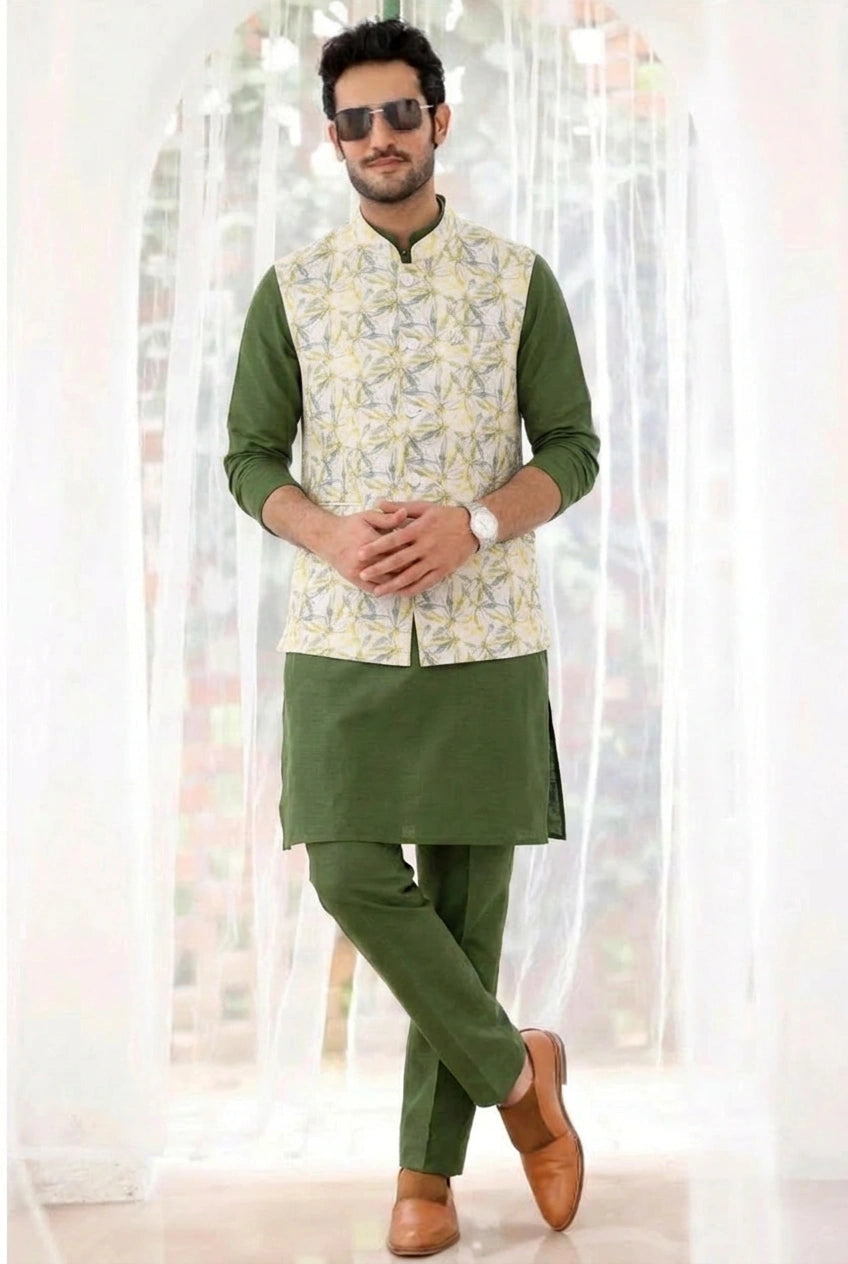 Green & Yellow Leafy Print Kurta Bundi Set