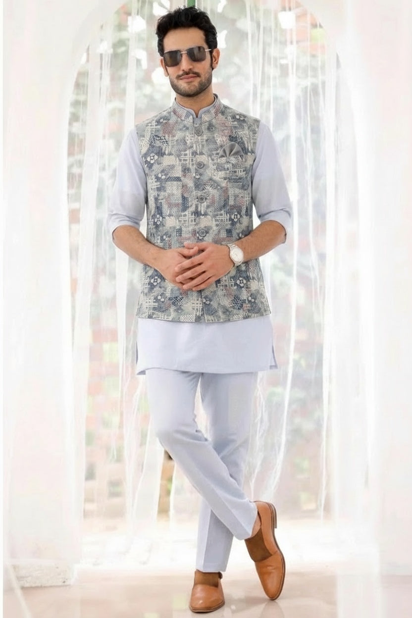 Grey Abstract Jacquard Kurta Bundi Set