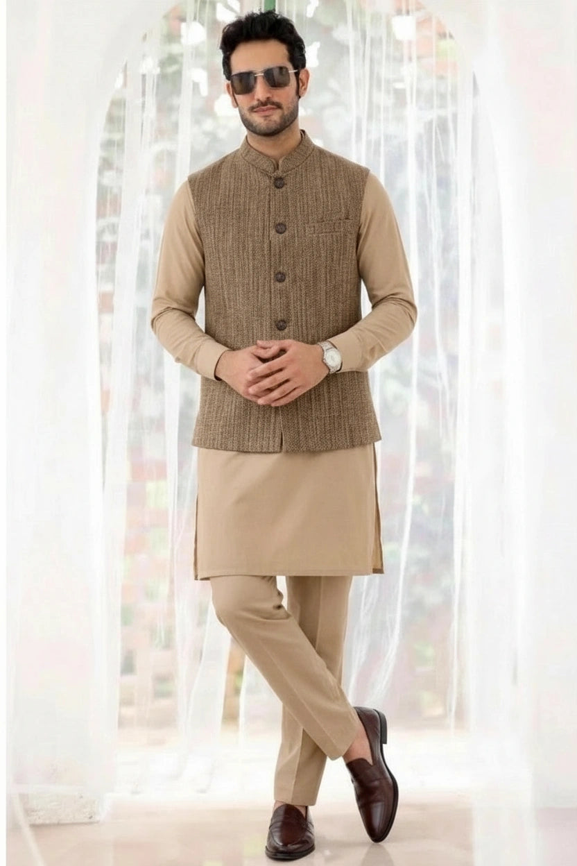 Olive-Brown Textured Kurta Bundi Set