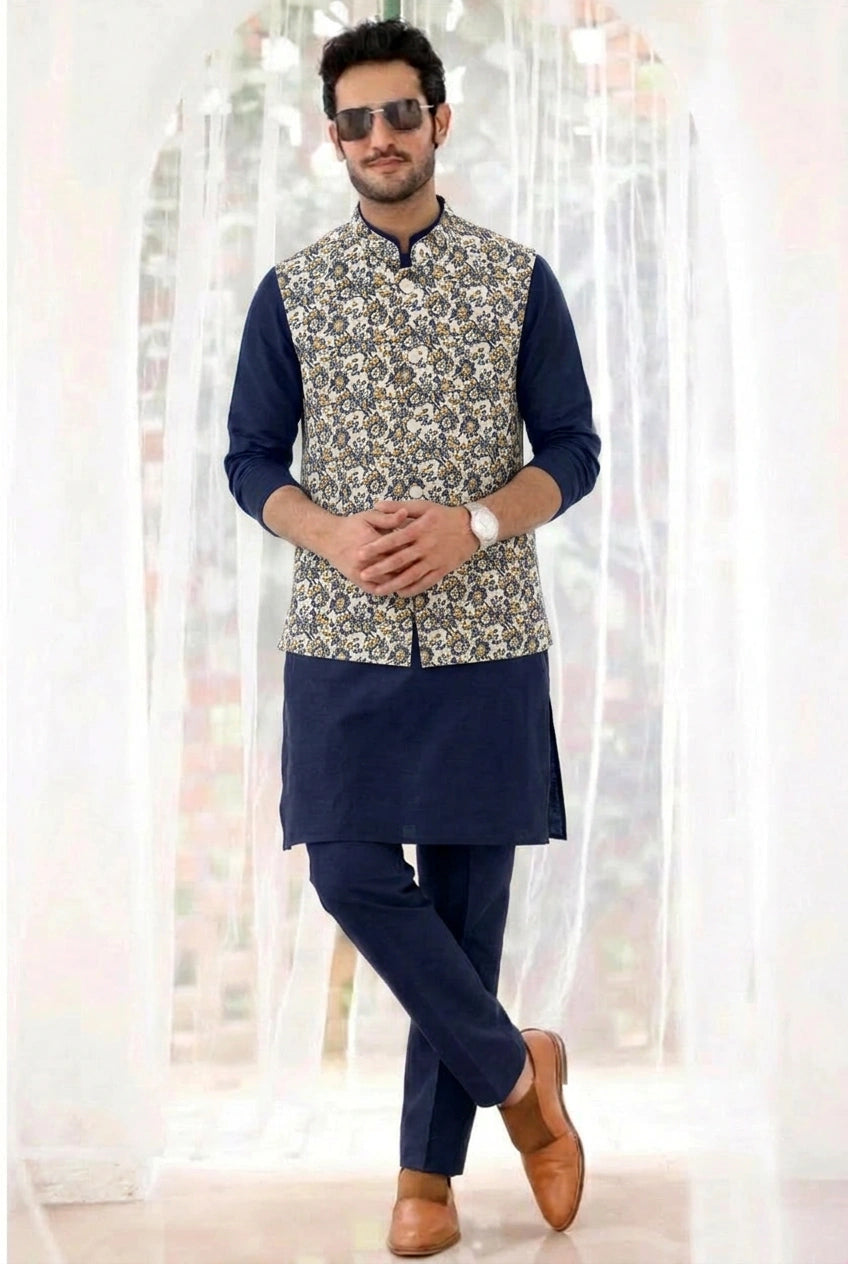 Navy & Mustard Floral Print Kurta Bundi Set