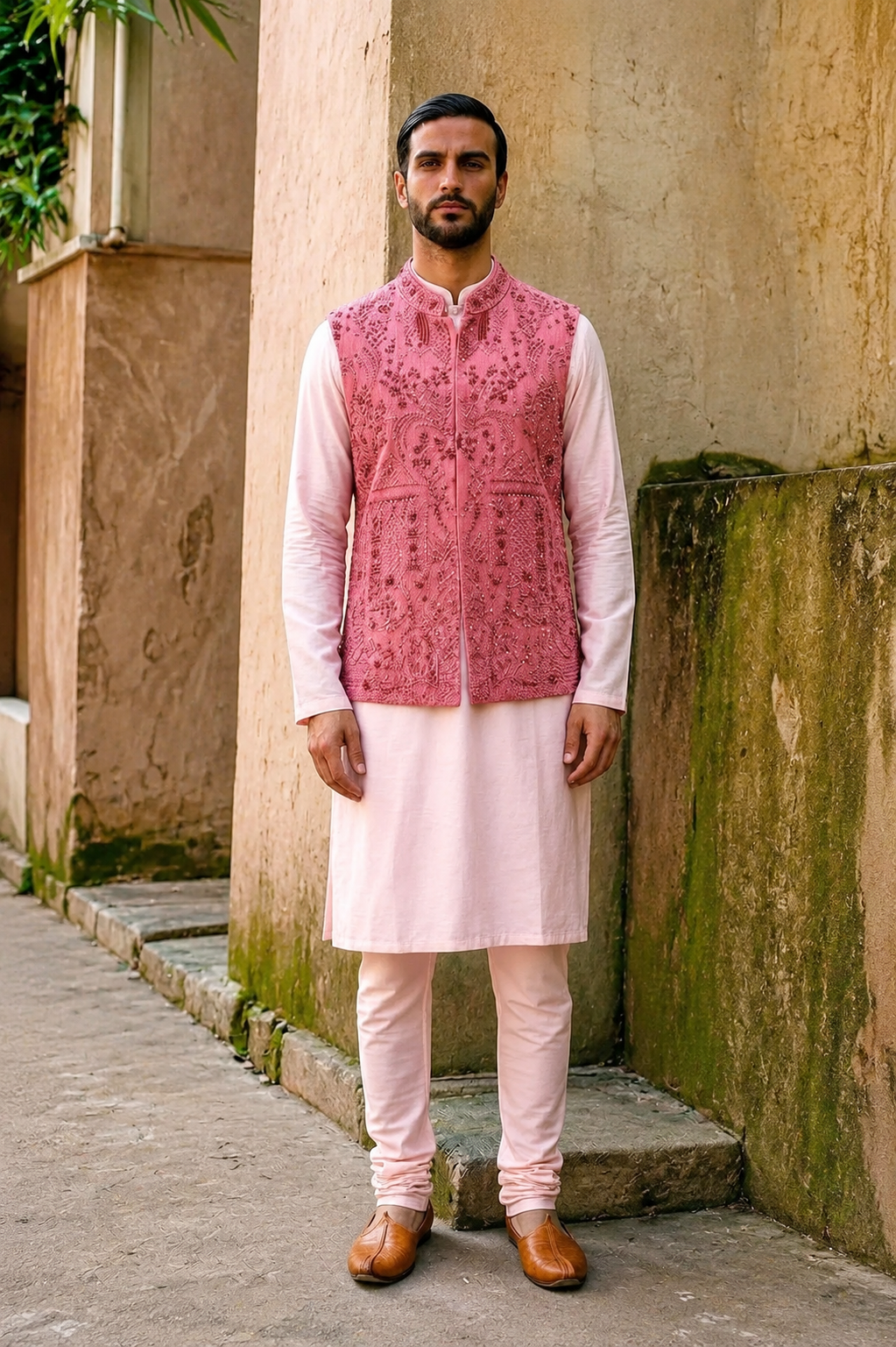 Dusty Rose Embroidered Kurta Bundi Set