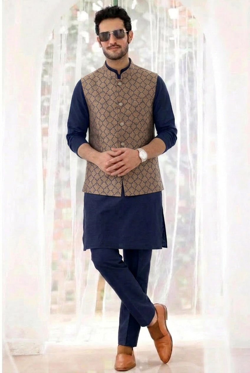 Gold & Navy Geometric Jacquard Kurta Bundi Set