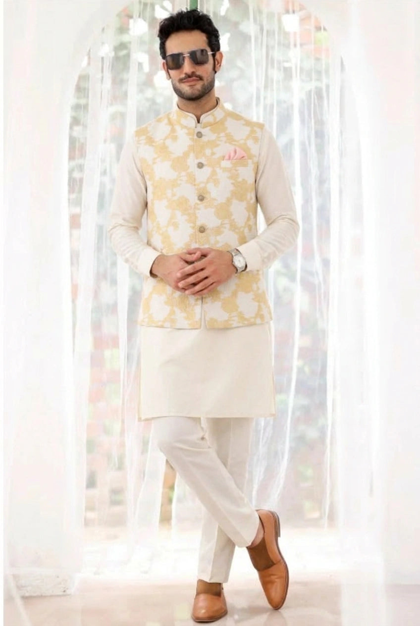 Cream & Yellow Abstract Print Kurta Bundi Set