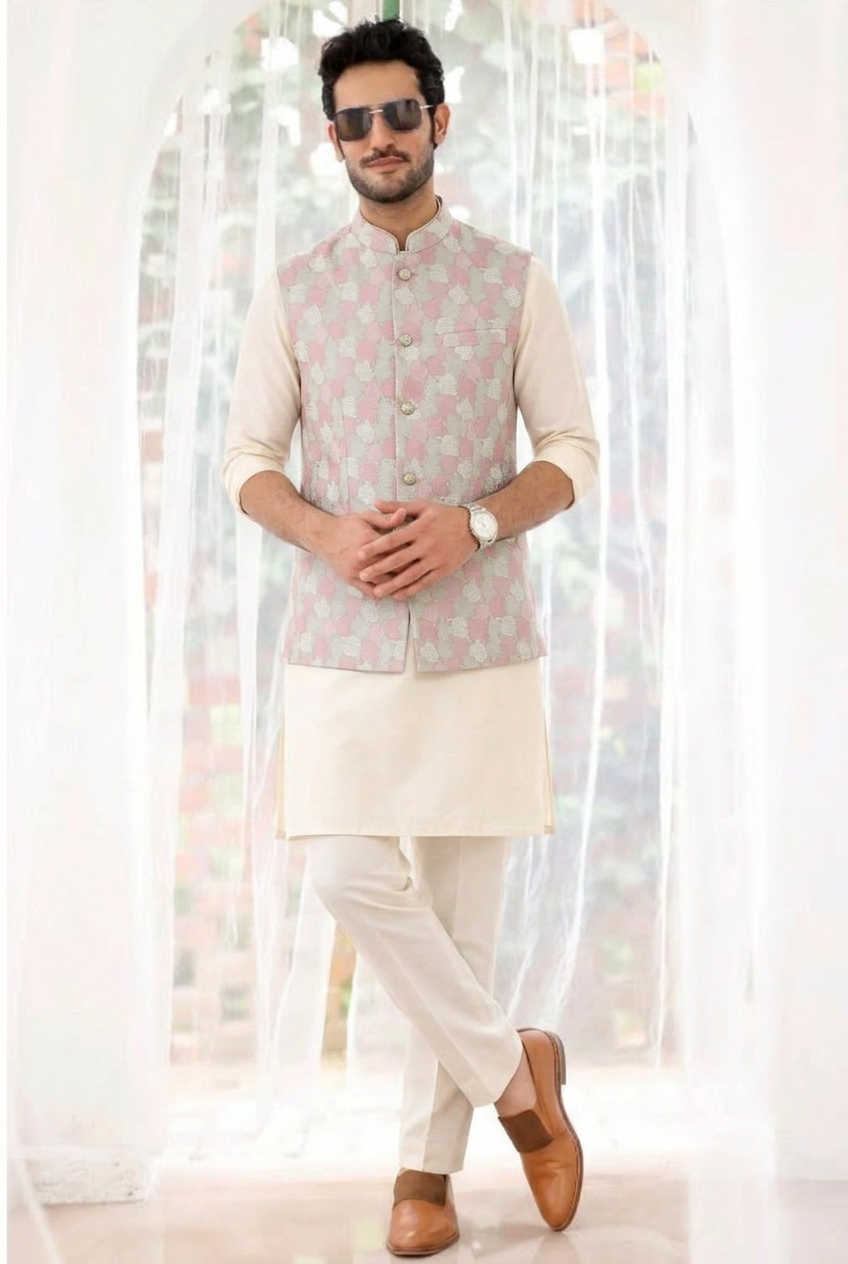 Sage Green Floral Jacquard Kurta Bundi Set