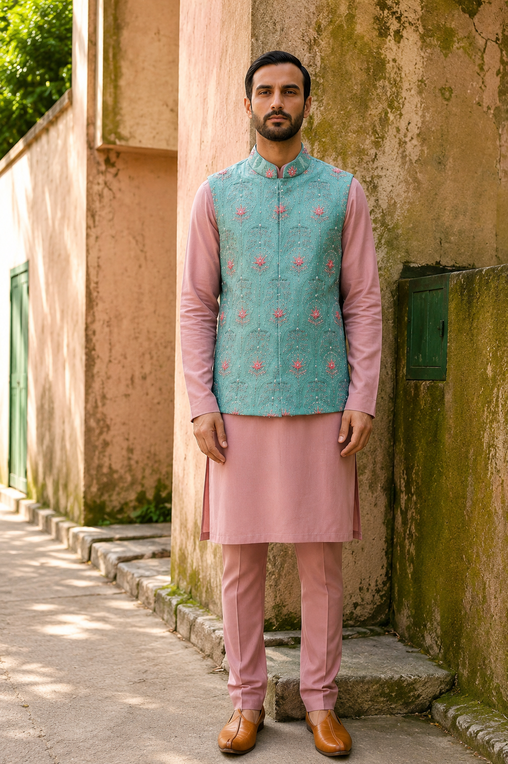 Teal Embroidered Kurta Bundi Set