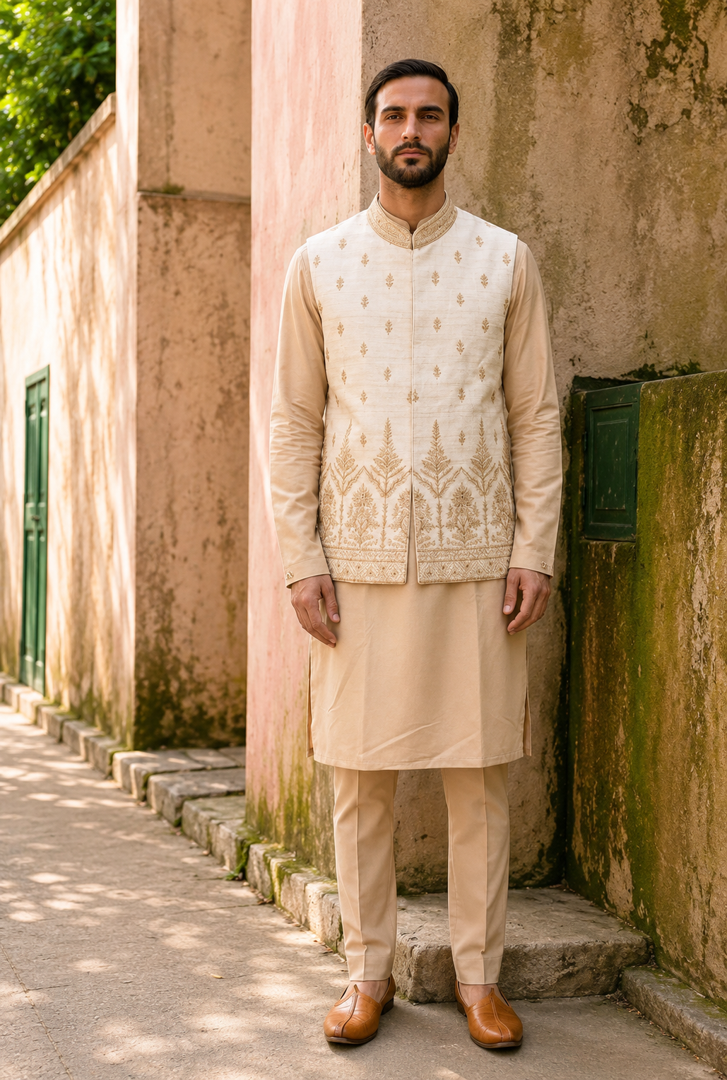 Beige Self-Tone Embroidered Kurta Bundi Set