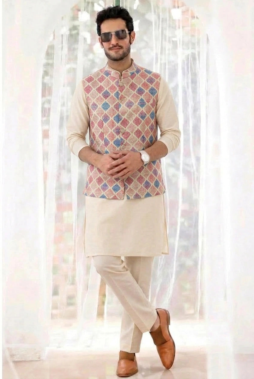 Cream Multicolor Diamond Print Kurta Bundi Set