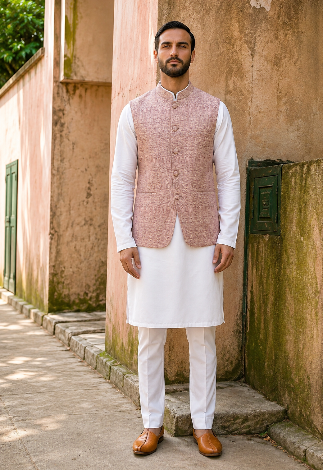 Blush Pink Jacquard Kurta Bundi Set