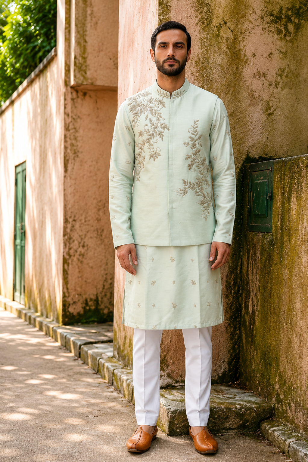 Pista Green Floral Embroidered Kurta Bundi Set