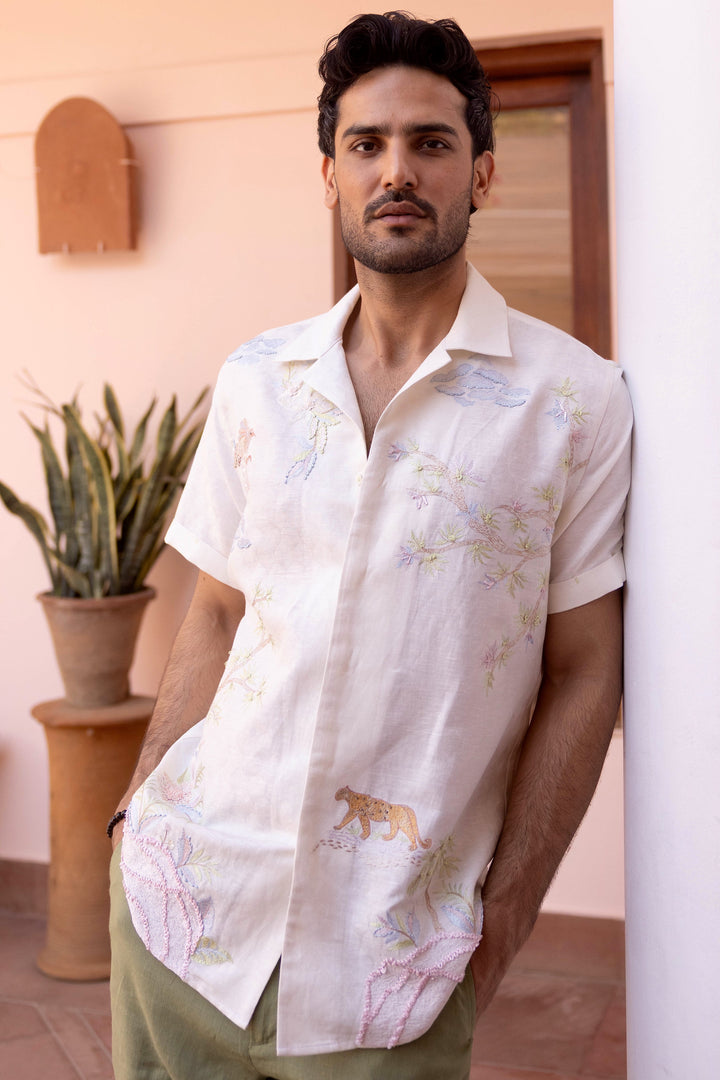 Panthera Bloom Linen Embroidered Shirt