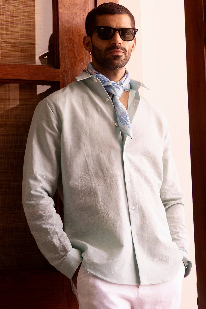 Seafoam Silence Linen Embroidered Shirt