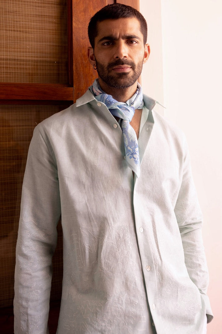 Seafoam Silence Linen Embroidered Shirt