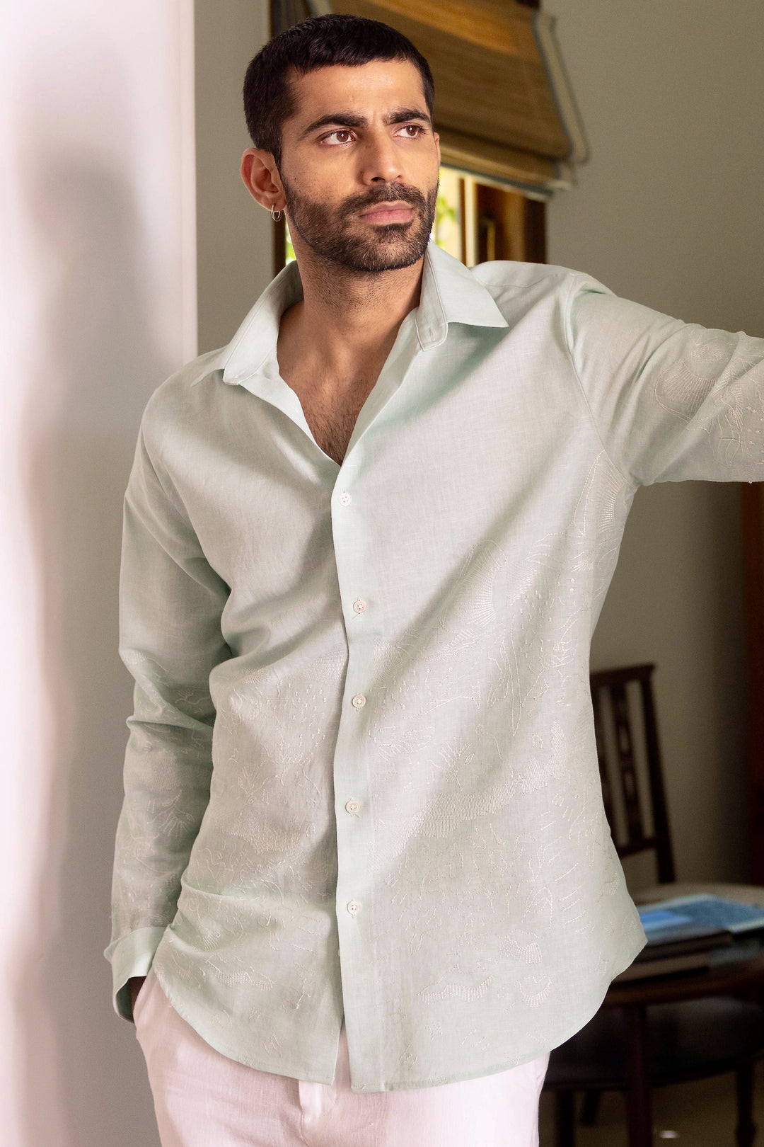 Seafoam Silence Linen Embroidered Shirt