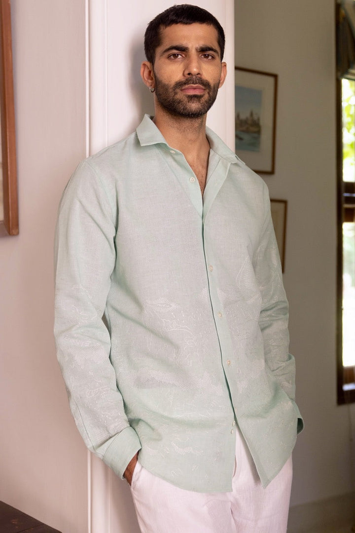 Seafoam Silence Linen Embroidered Shirt