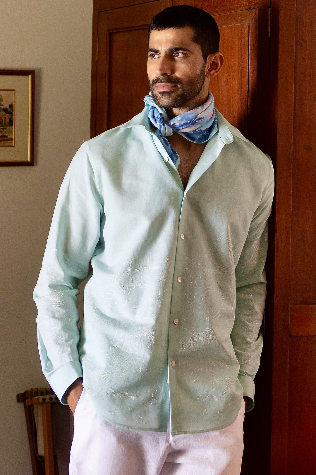 Seafoam Silence Linen Embroidered Shirt