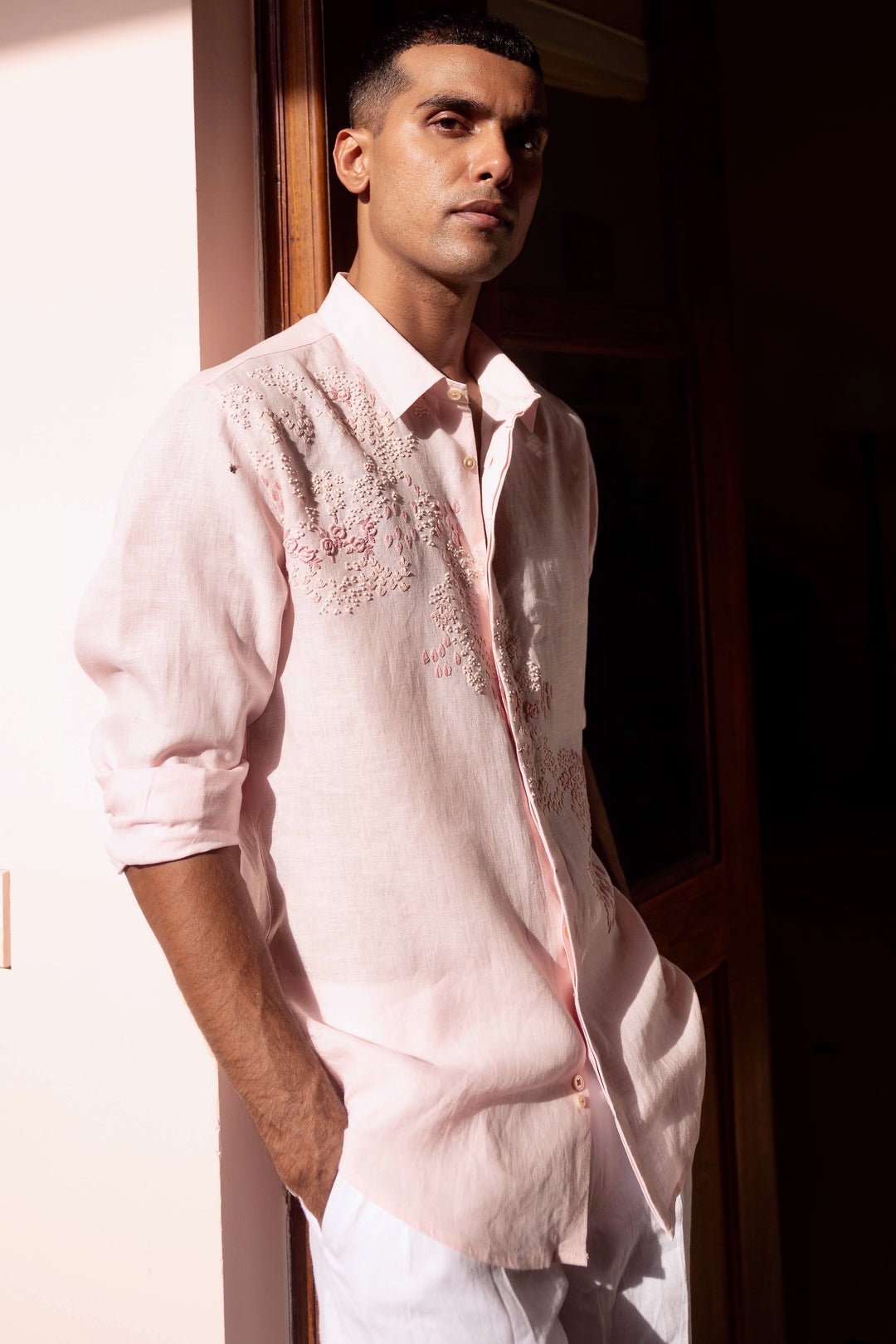 Whisper Rose Linen Embroidered Shirt