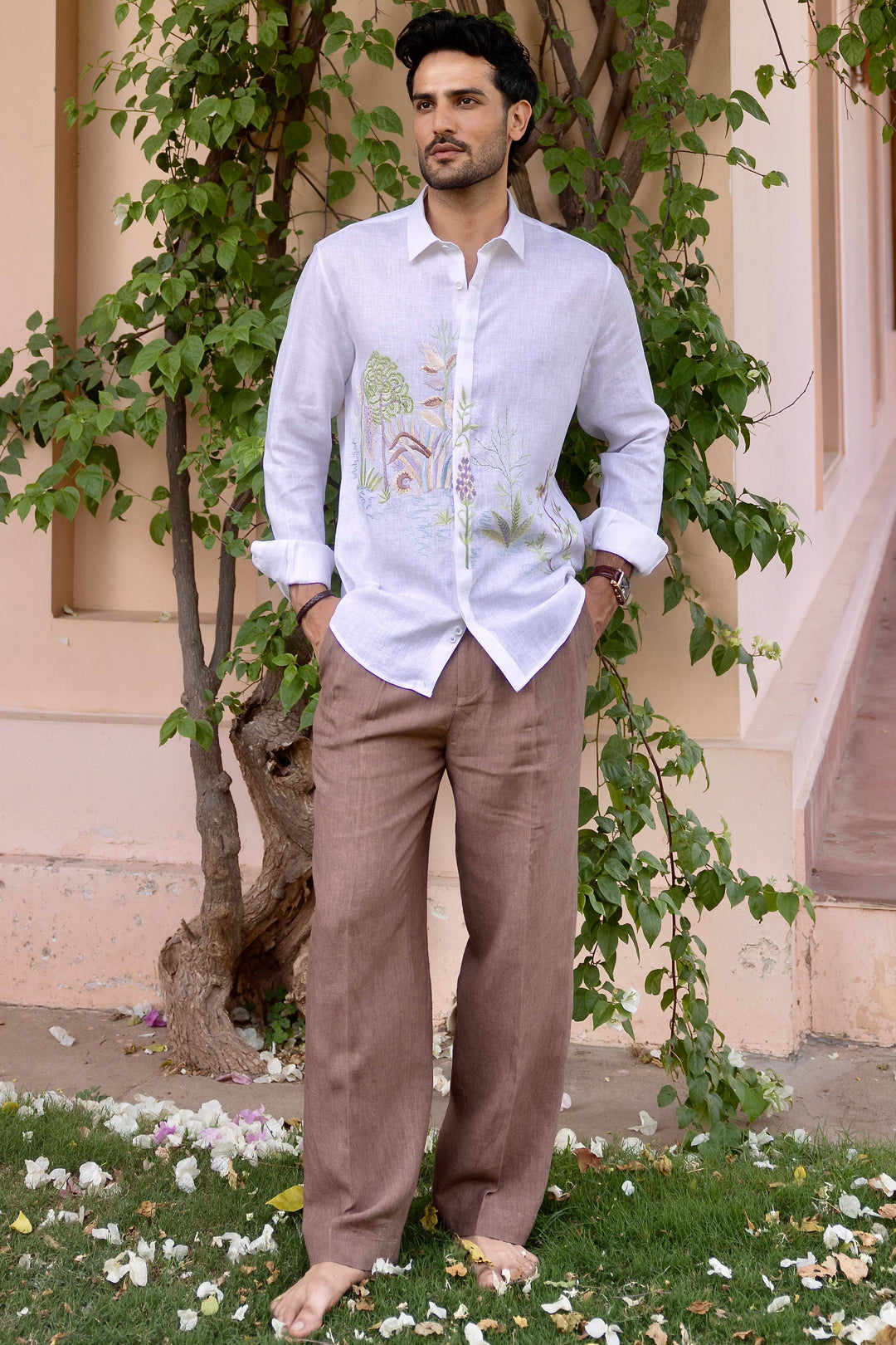 Verdant Realm Linen Embroidered Shirt