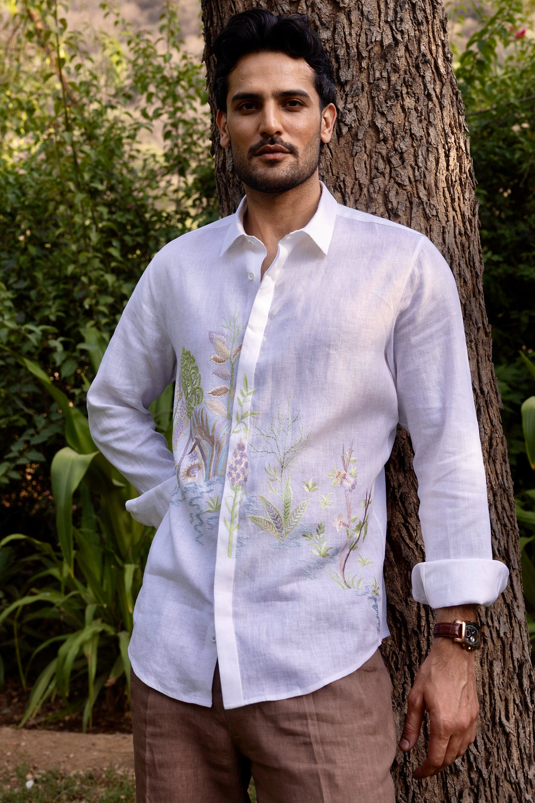 Verdant Realm Linen Embroidered Shirt
