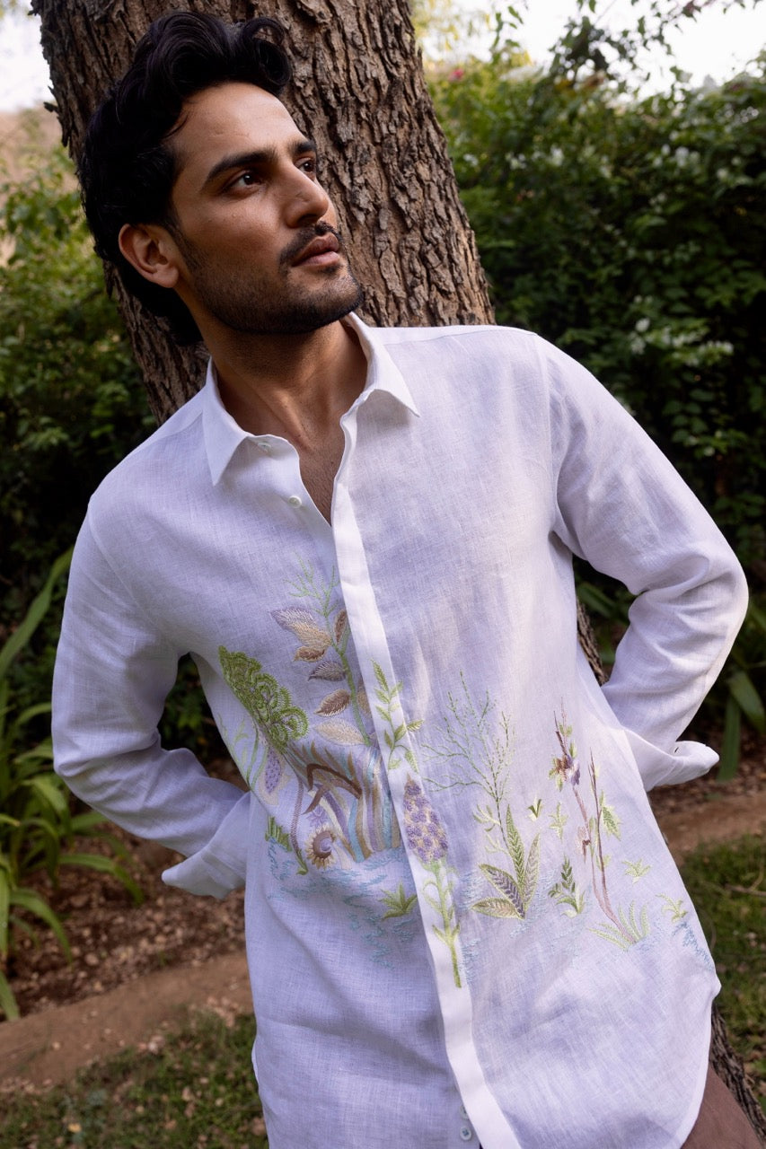 Verdant Realm Linen Embroidered Shirt